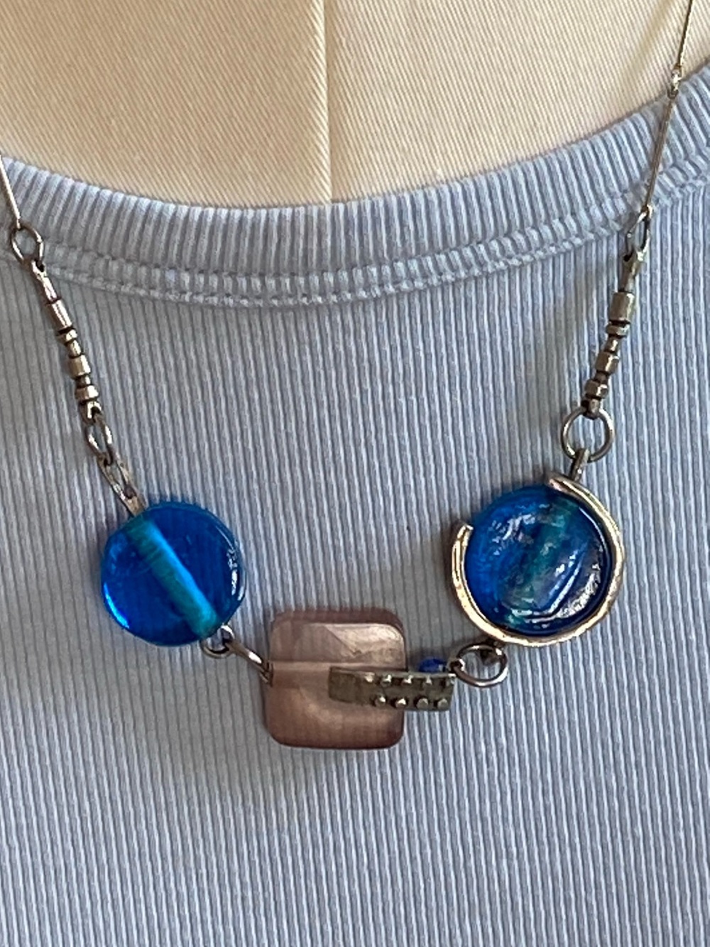 Anne-Marie Chagnon Artisan Glass & Pewter Statement Necklace - Blue/Mauve - Picture 3 of 16